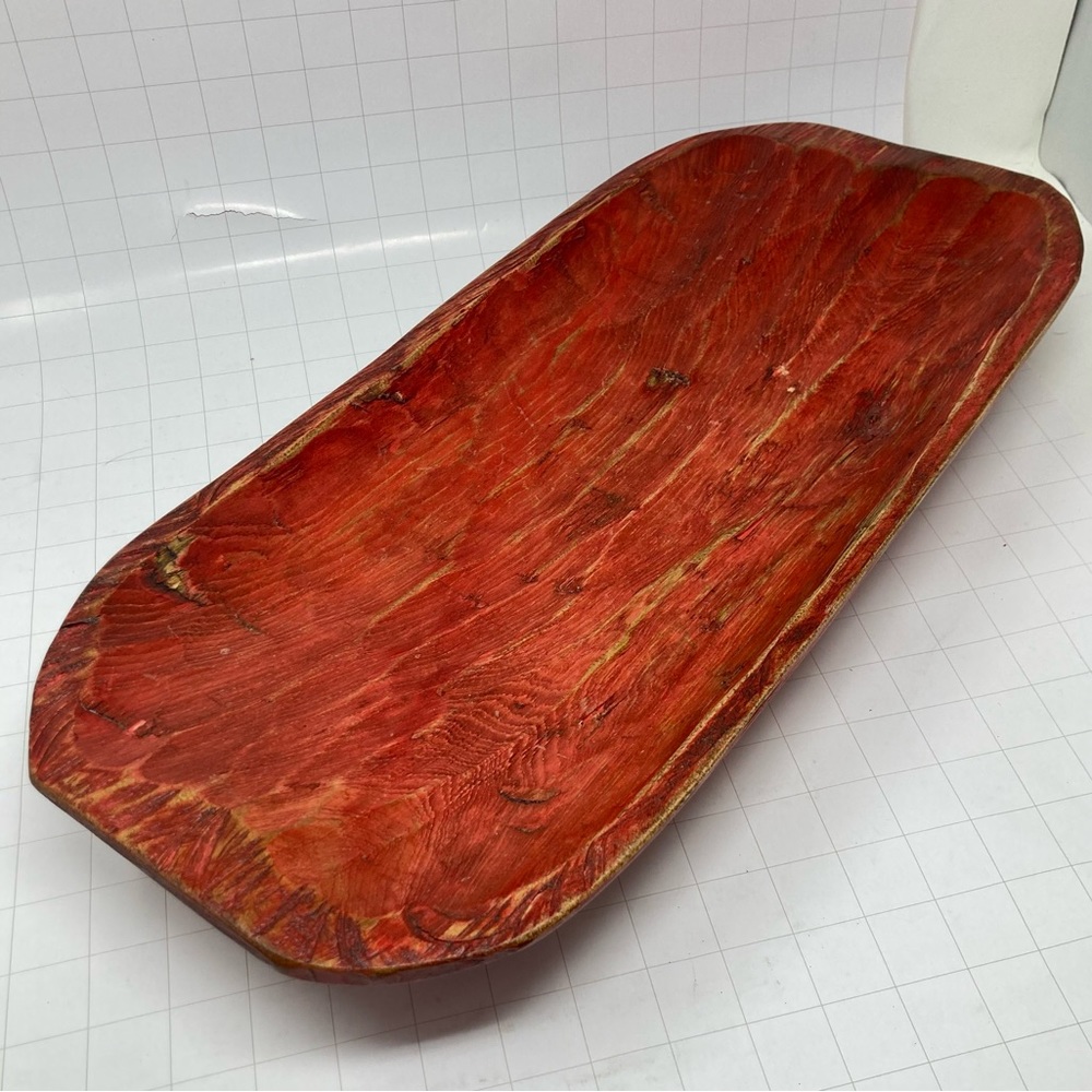 Dough Bowl approx 19” x 8.5” x 3” rectangular carved out red wood no mark decor